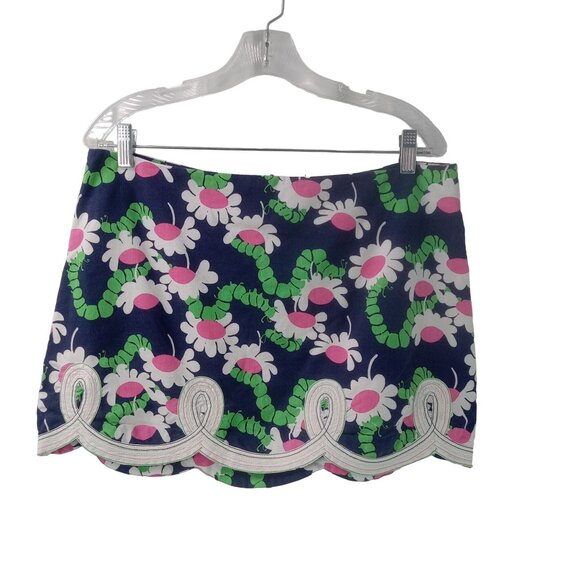 Lilly Pulitzer Tate Yum Yum Mini Skirt Size 10 Bright Navy  Floral Scalloped Hem - Picture 1 of 11